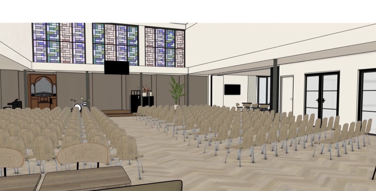 Render van de nieuwe kerkzaal met orgel